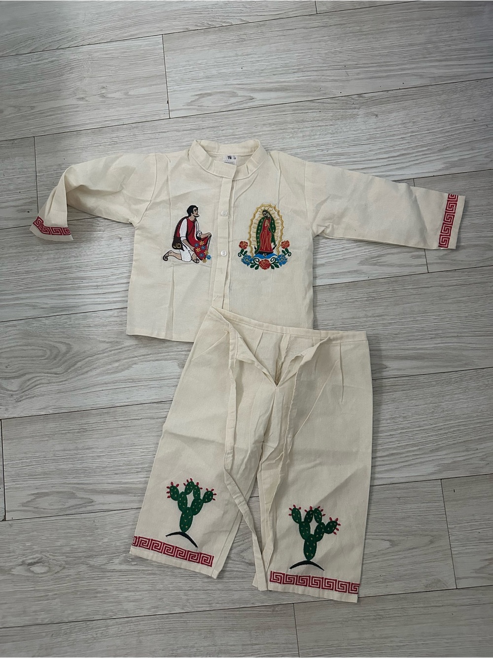 Cream Two-Piece Embroidered Set with Green Cactus and Religious Motifs